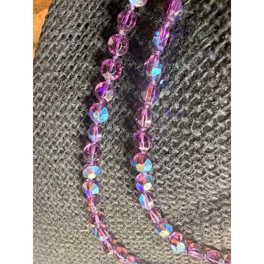Vintage Czechoslovakian Purple Aurora Borealis Glass Bead Necklace 28”